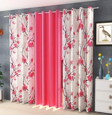 Adimanav 213.36 cm (7 ft) Polyester Blackout Door Curtain (Pack Of 3)(Floral, Pink, Off White)