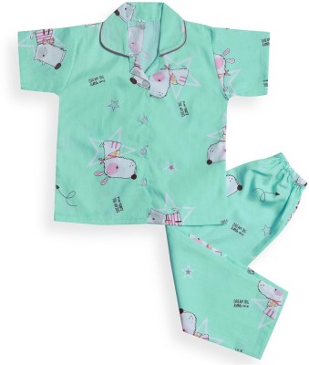 Wishkaro Kids Nightwear Boys & Girls Printed Cotton Blend(Green Pack of 1)