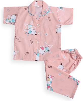 Wishkaro Kids Nightwear Boys & Girls Printed Cotton Blend(Pink Pack of 1)