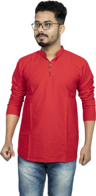 Rainbow Cloths Men Solid Straight Kurta(Red)