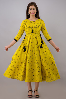 LABULY Women Printed Flared Kurta(Yellow)