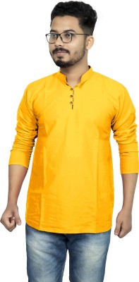 Rainbow Cloths Men Solid Straight Kurta(Yellow)