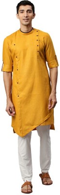 MANYAVAR Men Solid Asymmetric Kurta(Yellow)