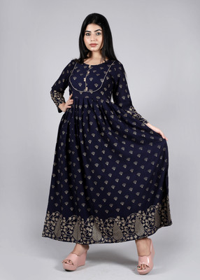 VAISHNAVI TRADERS Women Printed Flared Kurta(Dark Blue)