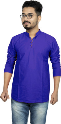 Rainbow Cloths Men Solid Straight Kurta(Blue)
