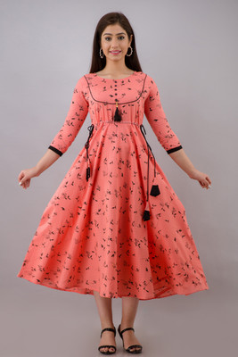 LABULY Women Printed Flared Kurta(Pink)