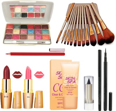 Volo Stylish Beauty makeup kit 10F2021A7 (1 Eyeshadow 1 Kajal 1 Eyeliner 12 Pcs. Brush Set 1 CC Cream 2 Lipsticks 1 Lipliner) Set Of 19 Pcs.(Pack of 19)