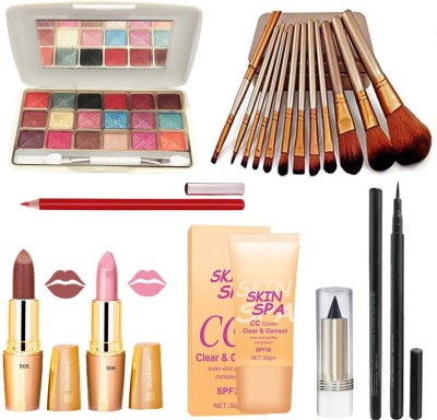 Volo Stylish Beauty makeup kit 10F2021A28 (1 Eyeshadow 1 Kajal 1 Eyeliner 12 Pcs. Brush Set 1 CC Cream 2 Lipsticks 1 Lipliner) Set Of 19 Pcs.(Pack of 19)