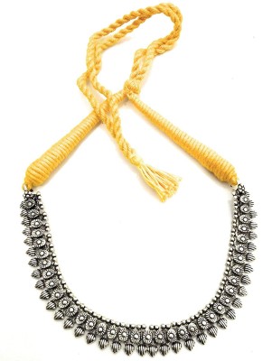 JDDCART Traditional Necklace Set for Women in Antique Silver with Yellow Thread Handcrafted Choker Leaf Beads Embossed Women Fashion Thread Jewellery Silver Plated Metal Necklace