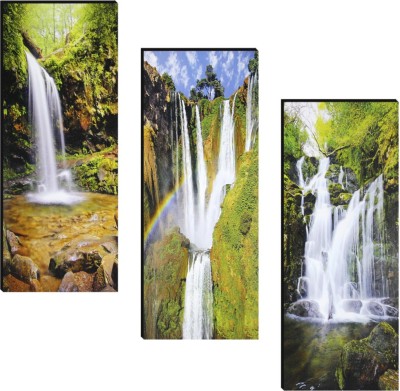 Indianara SET OF 3 WATERFALL LANDSCAPE MDF PAINTING (3403) Digital Reprint 15 inch x 6 inch Painting(Without Frame, Pack of 3)