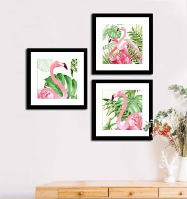 StudioEdit Pink Flamingo Art Framed Wall Painting Synthetic Wood Wall Hanging Clear Acrylic Glass/Fine Art High Definition Print Oil 14 inch x 14 inch Painting(With Frame, Pack of 3)
