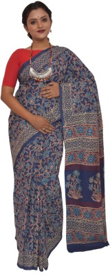 KheyaliBoutique Blocked Printed Handloom Pure Cotton Saree(Dark Blue, Light Blue)