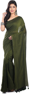 Nilu's Collection Solid/Plain Handloom Handloom Pure Cotton Saree(Dark Green, Green)