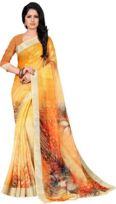 Arvika Printed Daily Wear Cotton Linen Saree(Yellow)