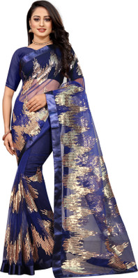 Barkiya Creation Printed Bollywood Net Saree(Blue)