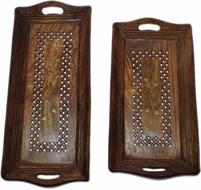 arman art & craft Wooden cooffee handcarved Tray Set of 2//Big Size, Medium Size, Small Size//Pure sheesham Wood Tray(2 Tray)