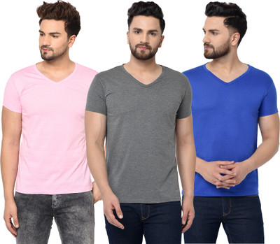 Jangoboy Solid Men V Neck Blue, Pink, Grey T-Shirt