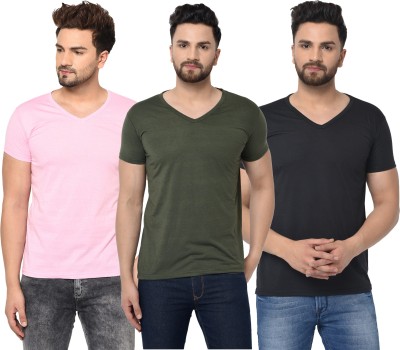 Jaskart Solid Men V Neck Dark Green, Pink, Black T-Shirt