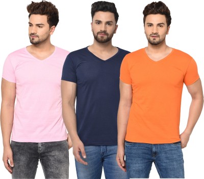 Adorbs Solid Men V Neck Dark Blue, Pink, Orange T-Shirt