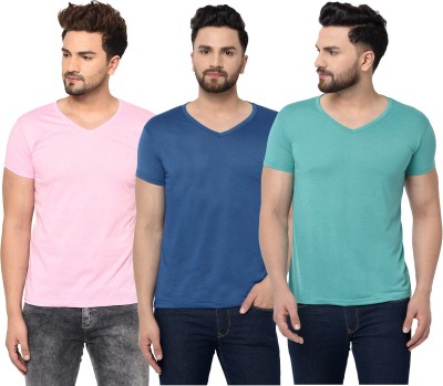 Jaskart Solid Men V Neck Dark Blue, Light Blue, Pink T-Shirt