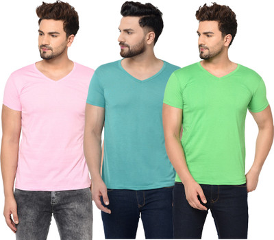 Jaskart Solid Men V Neck Light Blue, Green, Pink T-Shirt