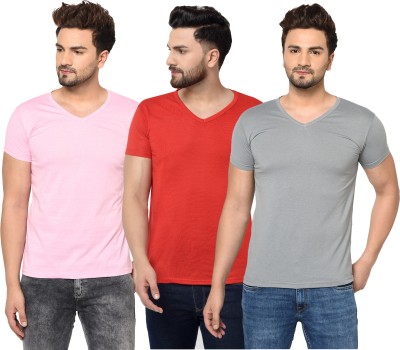 Jaskart Solid Men V Neck Red, Pink, Grey T-Shirt