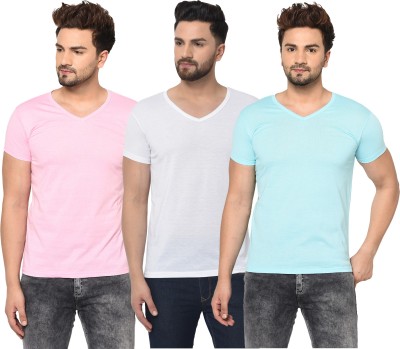 Bribzy Solid Men V Neck Light Blue, White, Pink T-Shirt