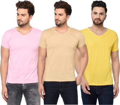 Bribzy Solid Men V Neck Pink, Beige, Yellow T-Shirt