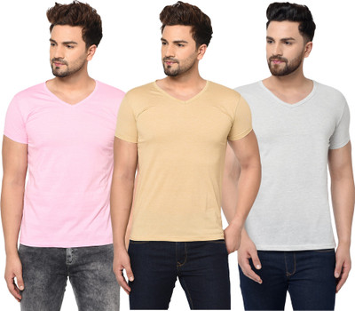 Adorbs Solid Men V Neck Pink, Beige, Grey T-Shirt