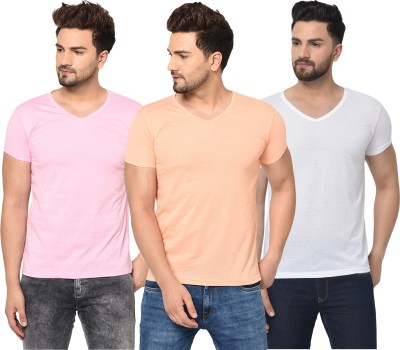 Adorbs Solid Men V Neck White, Pink, Beige T-Shirt