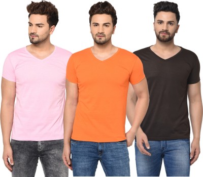 Jaskart Solid Men V Neck Brown, Pink, Orange T-Shirt