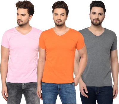 Unite Wear Solid Men V Neck Pink, Orange, Grey T-Shirt