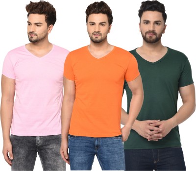 Jaskart Solid Men V Neck Dark Green, Pink, Orange T-Shirt