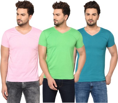 Adorbs Solid Men V Neck Light Blue, Green, Pink T-Shirt