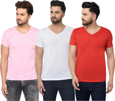 Jaskart Solid Men V Neck Red, White, Pink T-Shirt