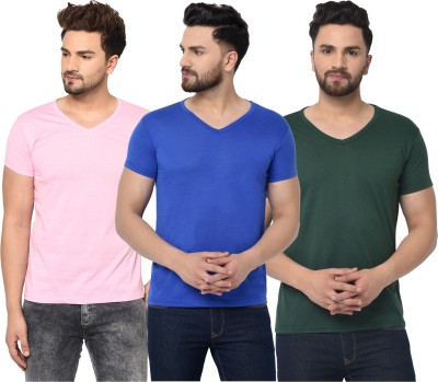 Jaskart Solid Men V Neck Dark Green, Blue, Pink T-Shirt