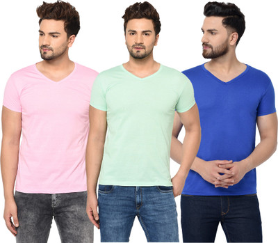 Jangoboy Solid Men V Neck Green, Blue, Pink T-Shirt