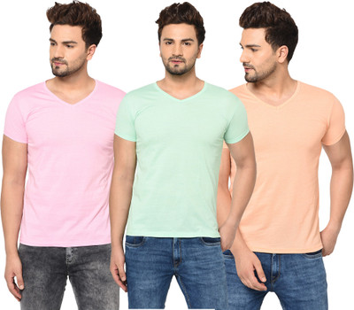 Jaskart Solid Men V Neck Pink, Beige, Light Green T-Shirt