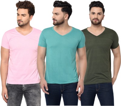 Jangoboy Solid Men V Neck Dark Green, Green, Pink T-Shirt