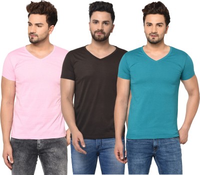 Unite Wear Solid Men V Neck Light Blue, Brown, Pink T-Shirt