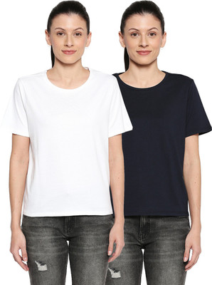 PEOPLE Solid Women Round Neck Dark Blue T-Shirt