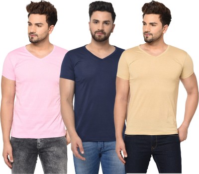 Jaskart Solid Men V Neck Dark Blue, Pink, Beige T-Shirt