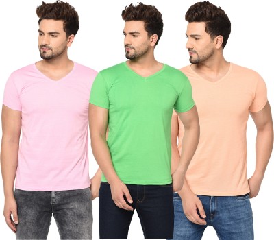 Jangoboy Solid Men V Neck Green, Pink, Orange T-Shirt