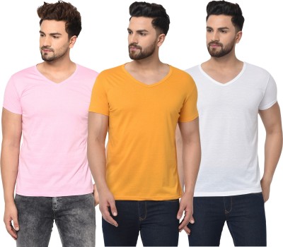 Jaskart Solid Men V Neck White, Pink, Yellow T-Shirt