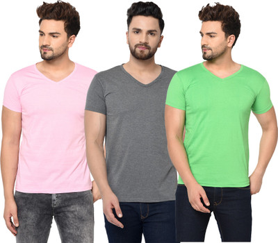 Jangoboy Solid Men V Neck Green, Pink, Grey T-Shirt