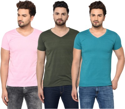 Jaskart Solid Men V Neck Dark Green, Light Blue, Pink T-Shirt