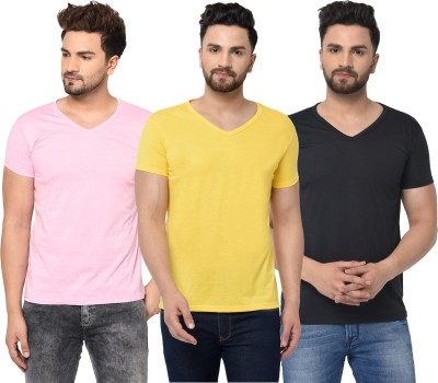 Jangoboy Solid Men V Neck Pink, Black, Yellow T-Shirt