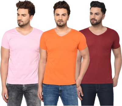 Jangoboy Solid Men V Neck Maroon, Pink, Orange T-Shirt