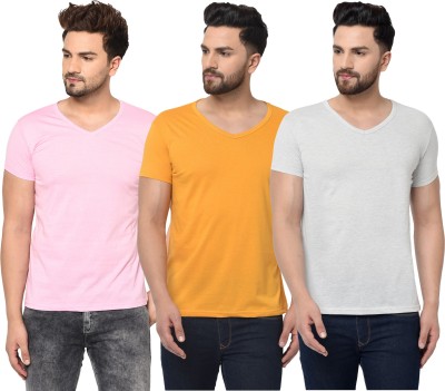 Unite Wear Solid Men V Neck Pink, Grey, Yellow T-Shirt