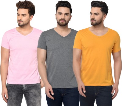 Jaskart Solid Men V Neck Pink, Grey, Yellow T-Shirt